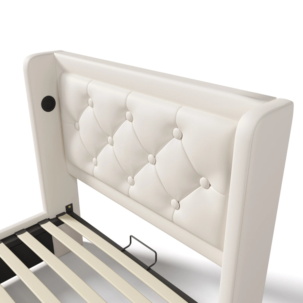 Letto singolo imbottito 90x200 cm in PU bianco con contenitore; LED e USB Type-C