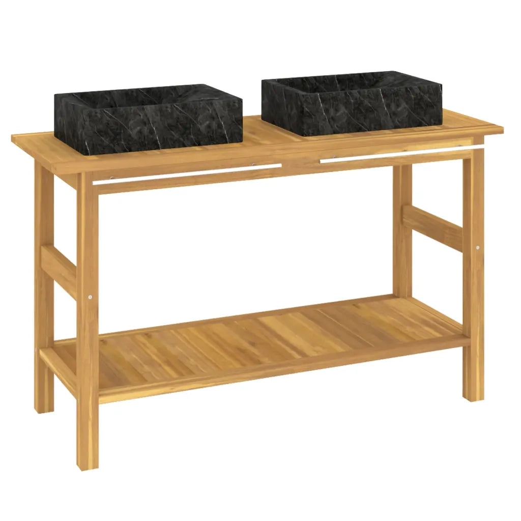 Mobile Vanità Bagno e Lavandini Marmo Nero Legno Massello Teak 3096577