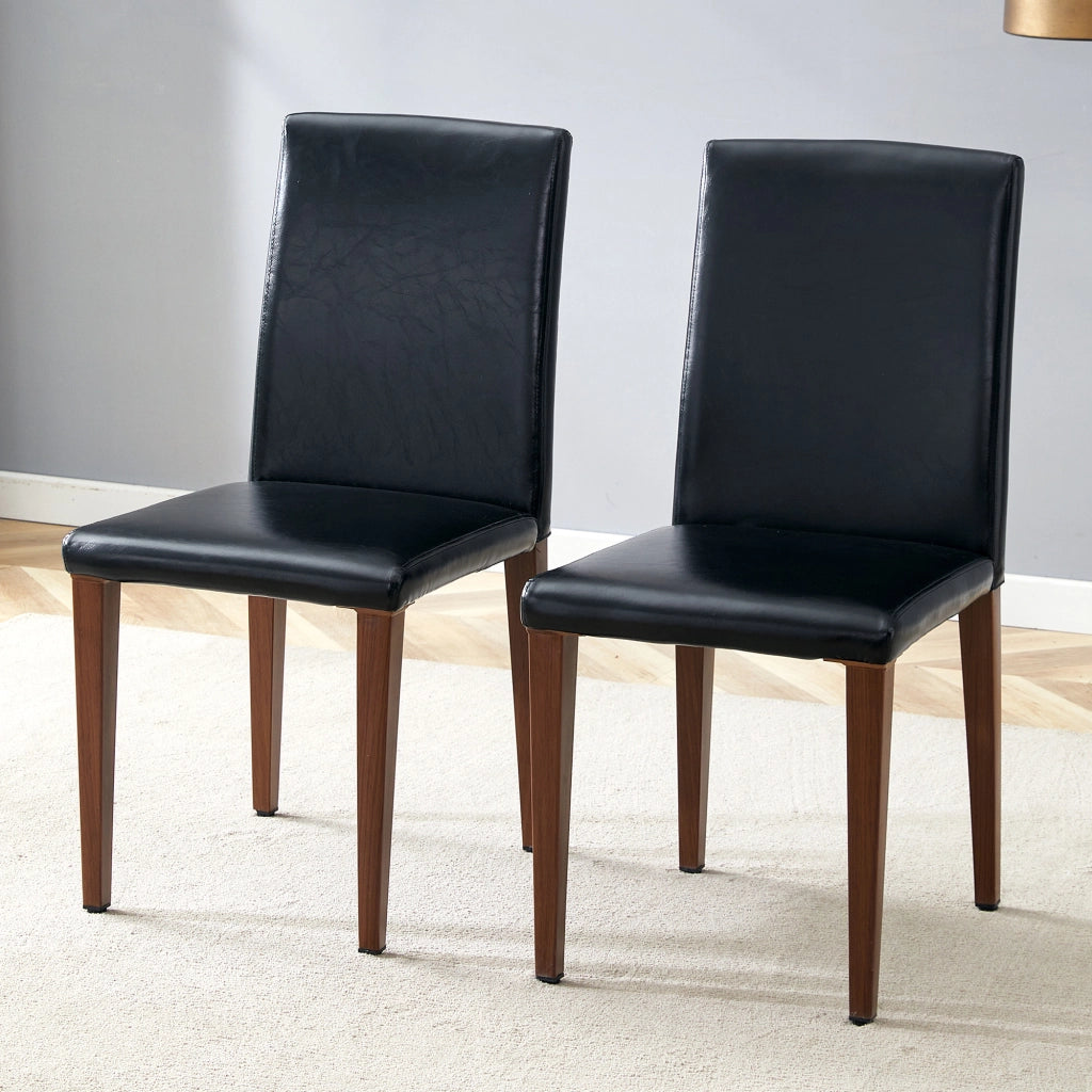 [Set di 2 sedie da pranzo minimaliste] Lusso leggero in stile europeo con finitura noce scuro: pelle PU nera + gambe in metallo effetto noce scuro. Si