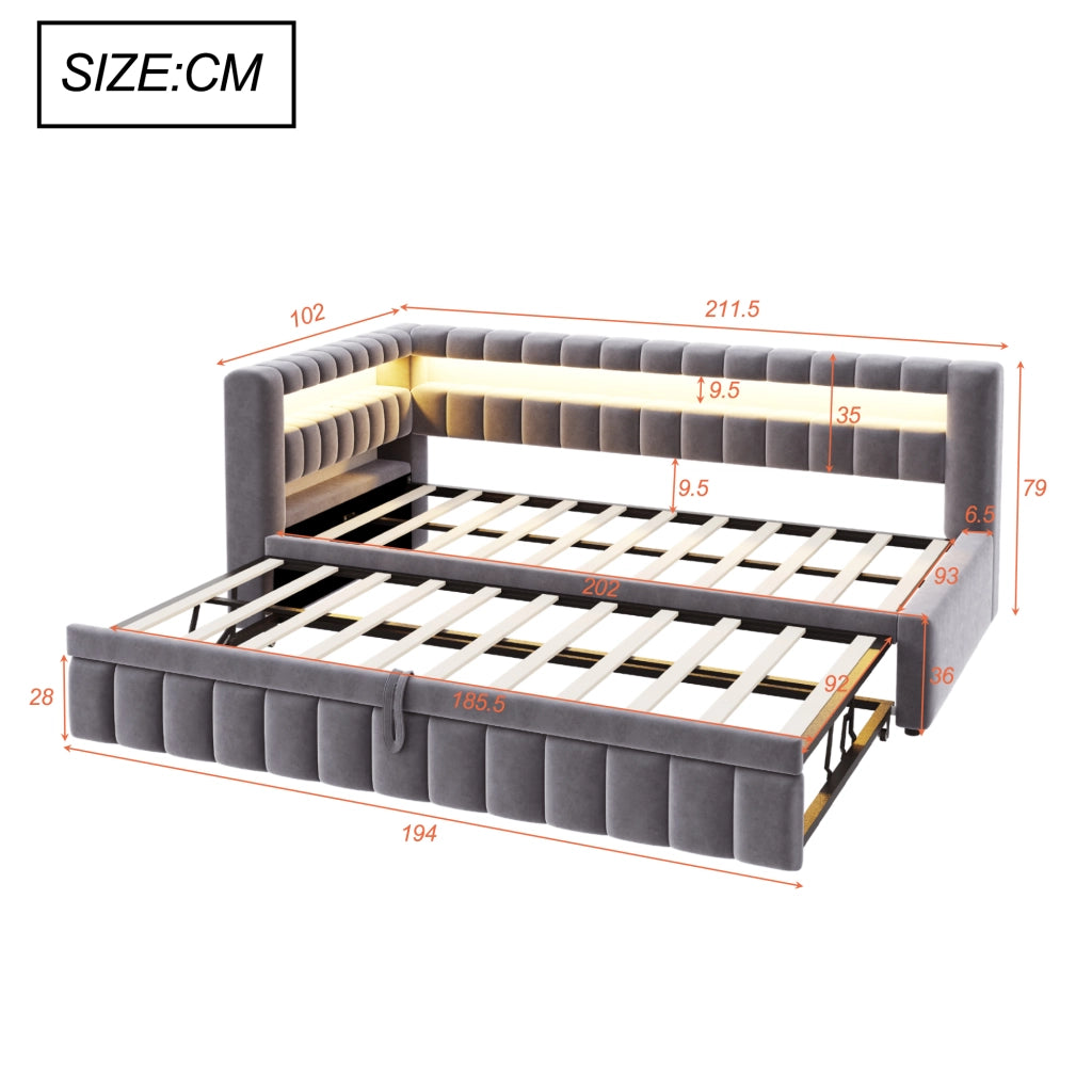 LETTO DIVANO ESTRAIBILE 90x200 cm Velluto Grigio con LED e USB