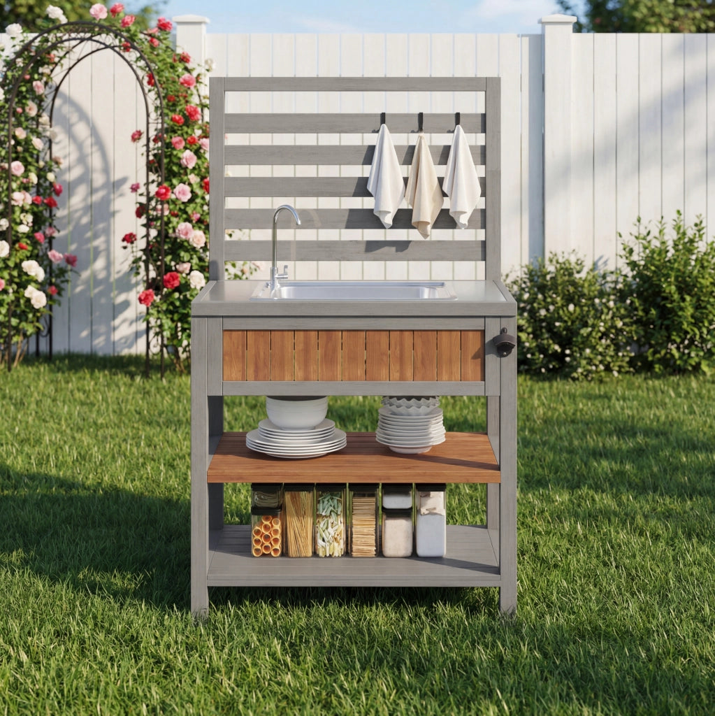 Mobile da esterno multifunzione con lavabo e rubinetto integrati; 80 x 51 x 148;5 cm in legno naturale