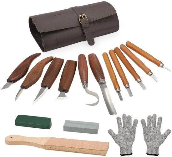 Kit di lavorazione del legno 16 pezzi - Esecuzione professionale - Coltellini da taglio - Borsa in pelle - Piatto di affilatura - Accessori di sicurezza - Strumenti da taglio

Specifiche tecniche: 
- Set di 16 pezzi