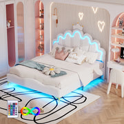 OKWISH Letto Matrimoniale 140×200 cm con LED Regolabile e Testiera Corona, Altezza Regolabile, senza Materasso, in PU, Bianco