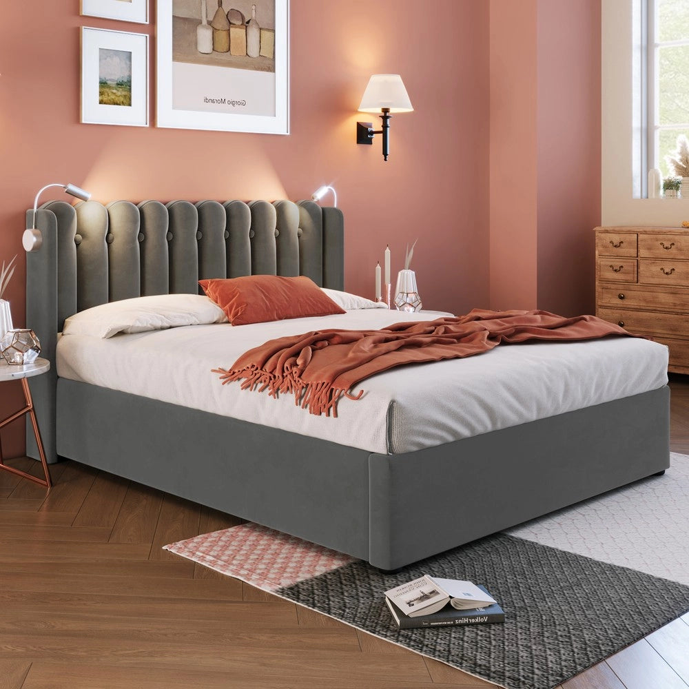 Letto Imbottito Contenitore con LED e Ricarica ¨C MINIMAL ¨C Velluto Grigio 140x200 con materasso