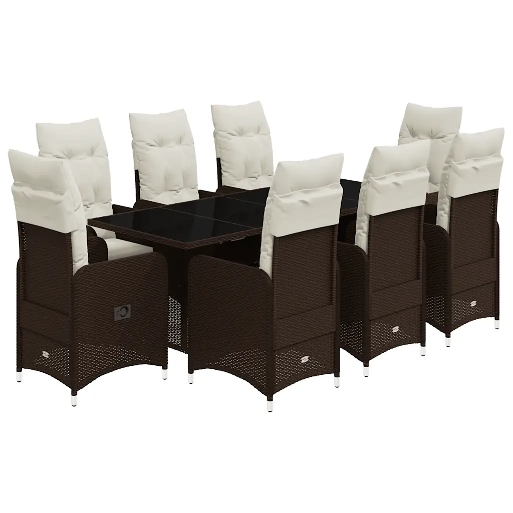 Set Bistrò da Giardino 9 pz con Cuscini in Polyrattan Marrone