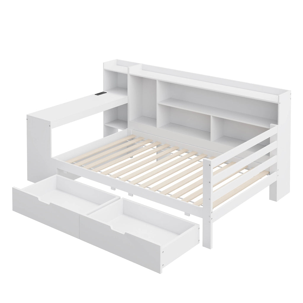 Letto singolo salvaspazio 90×200 cm con scrivania; libreria; cassetti; prese USB; senza materasso; legno; bianco