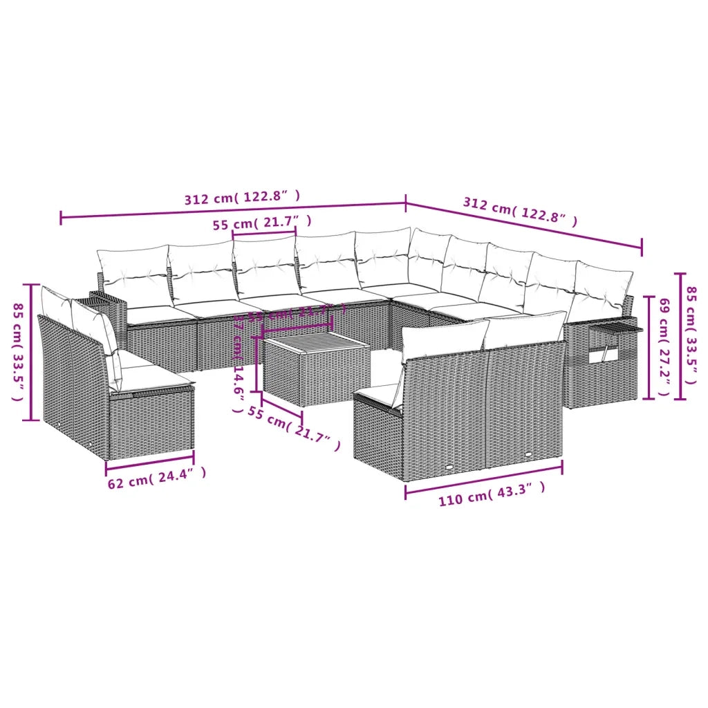 Set Divani da Giardino 14pz con Cuscini in Polyrattan Nero 3224816