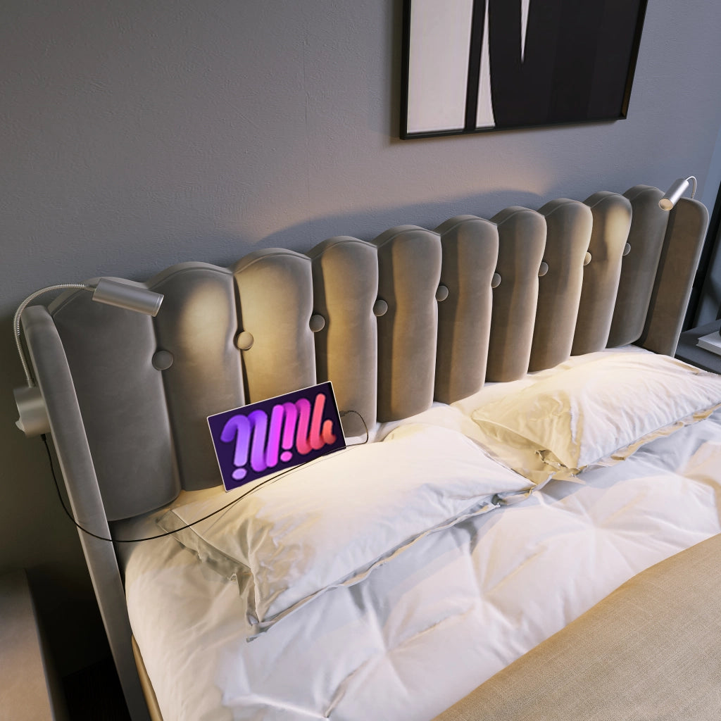 OKWISH Letto contenitore 160×200 cm, Letto Matrimoniale con USB, Lampada da Lettura e Testiera, senza Materasso, in Velluto, Grigio