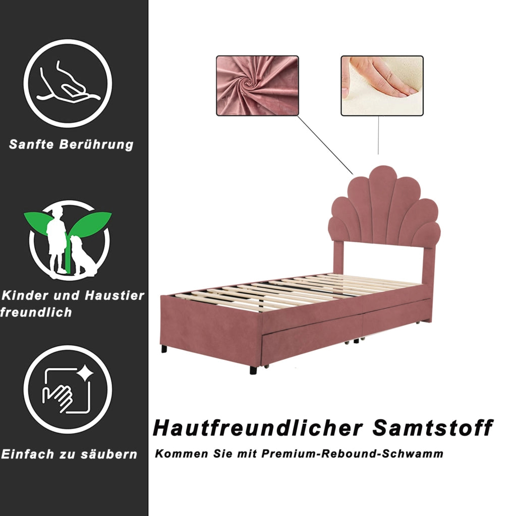 Letto imbottito per bambini 90x200 cm in velluto rosa con testiera decorativa e 2 cassetti