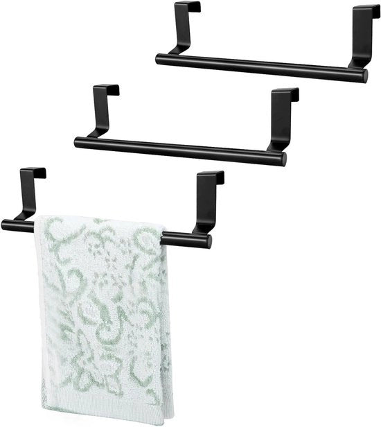 Tre pezzi di supporto per asciugamano in acciaio inossidabile per la porta - 23 cm con pattini antiscivolo, senza foratura (nero)