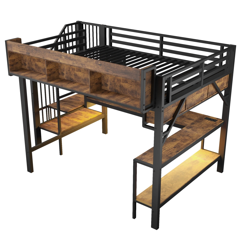 Letto a soppalco 140x200 cm vintage marrone-nero con scrivania, LED, prese USB e contenitore