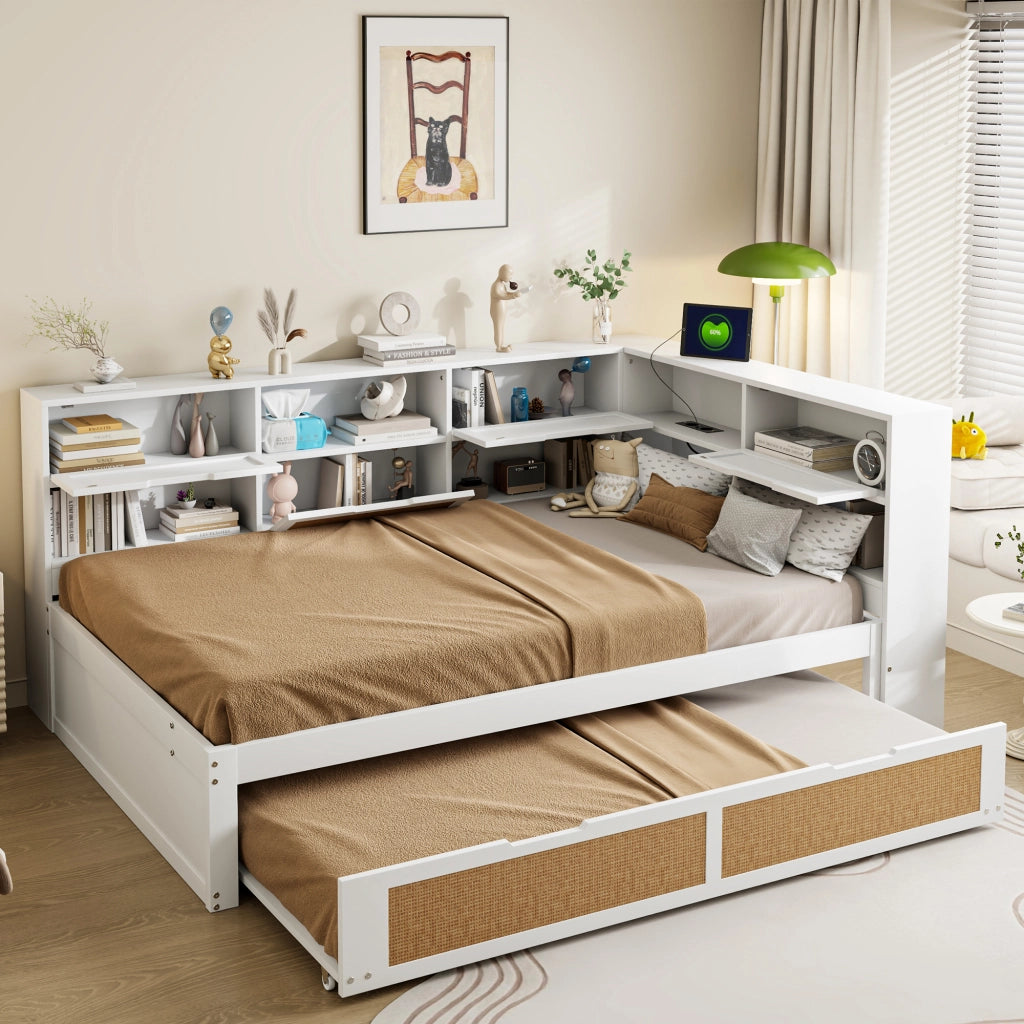 DESMIU Divano Letto 140 × 200 cm con Letto Estraibile 90 × 190 cm, prese USB, senza materasso, in legno, bianco