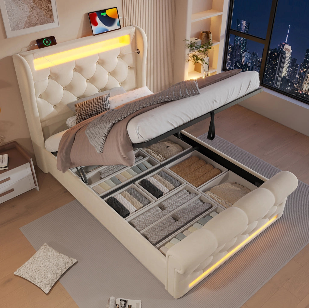 Letto imbottito 90x200 cm con LED, ricarica USB e contenitore idraulico