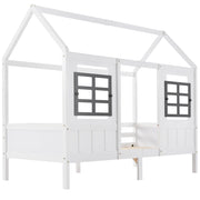 Letto Casetta 200x90 cm; Letto Singolo - 2 Finestre e Sponde - in Legno Massello - Bianco