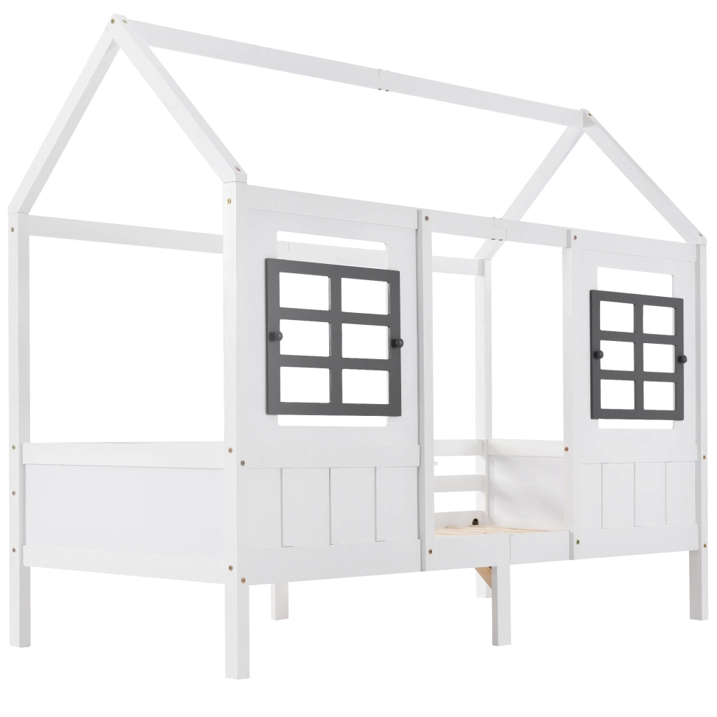 Letto Casetta 200x90 cm; Letto Singolo - 2 Finestre e Sponde - in Legno Massello - Bianco