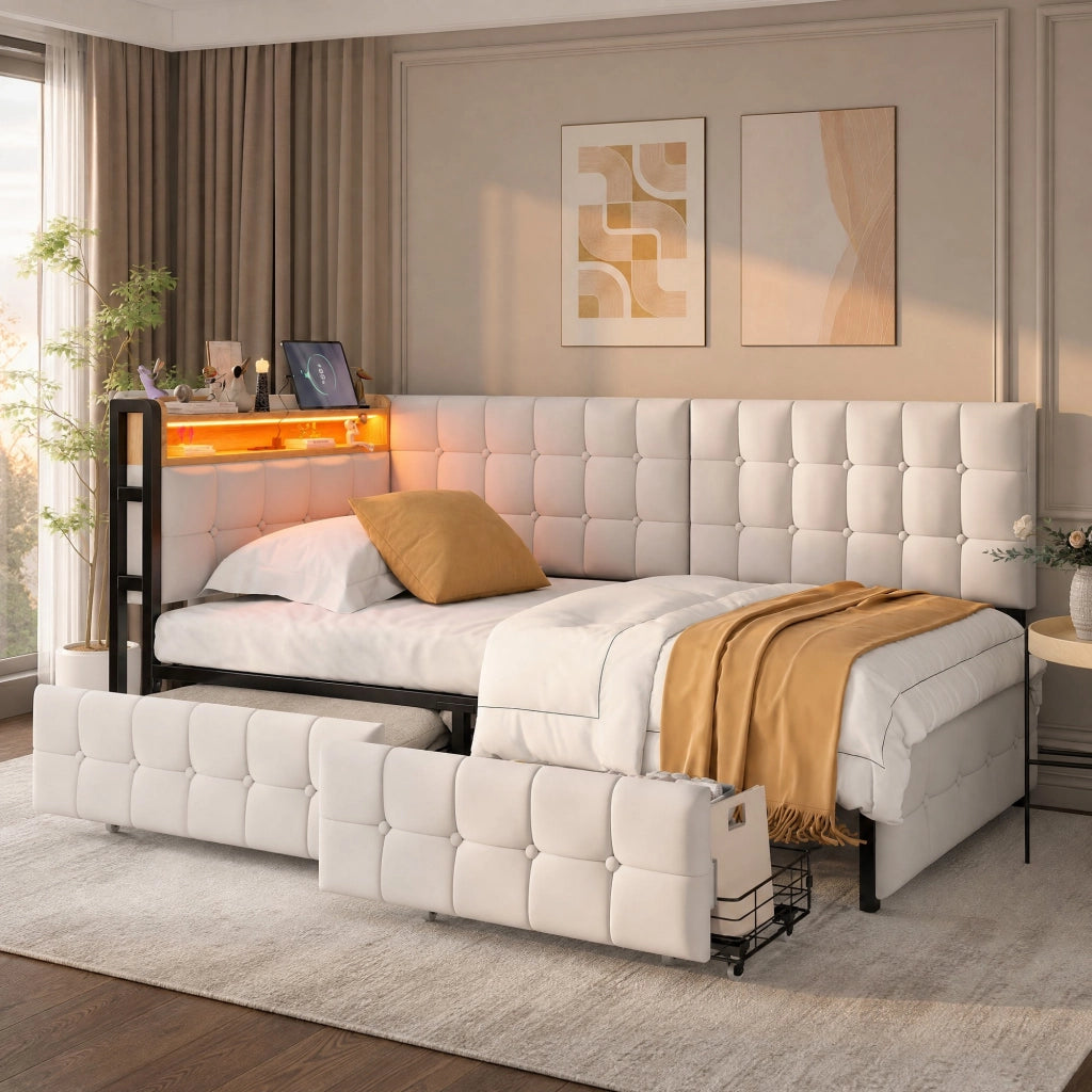 LETTO Imbottito 90 x 200 cm Beige con 2 Cassetti, LED e porte USB/Type-C