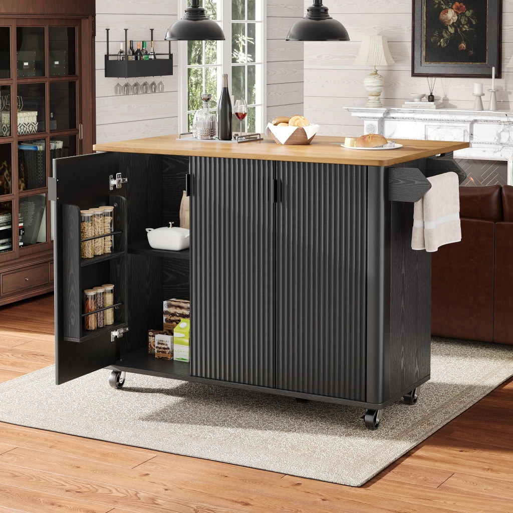 OKWISH Carrello da cucina con 3 ante, piano ribaltabile, ripiani regolabili, portaasciugamani e ruote, nero
