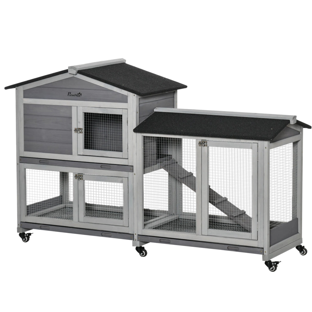 Conigliera da Esterno 157,4x53x99,5 cm a 2 Livelli con Casetta e Spazio Aperto Recintato in Legno Grigio
