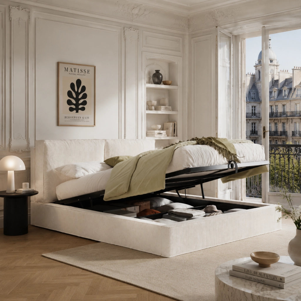 DESMIU Letto contenitore 180 × 200 cm 2 posti con vano idraulico e testiera, senza materasso, in velluto a coste beige