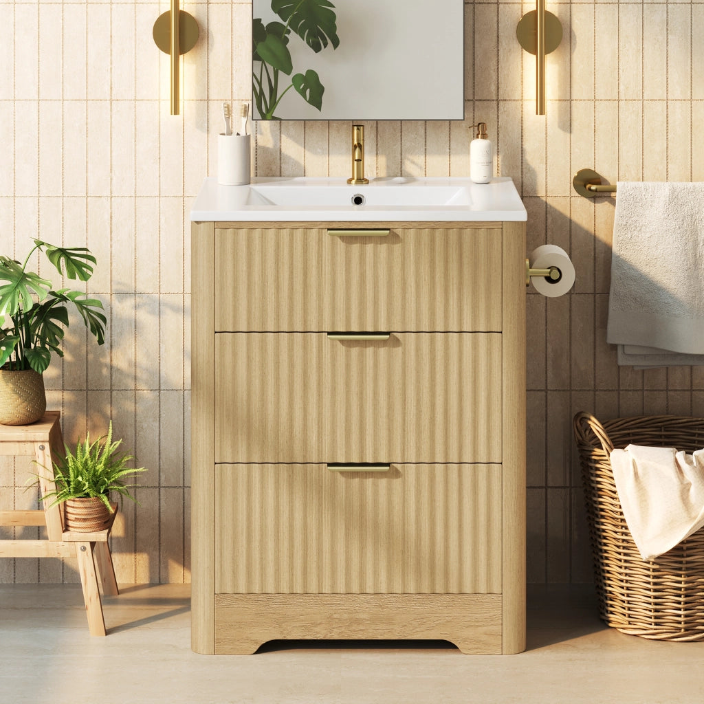 Mobile bagno con 2 cassetti; lavabo in ceramica e portarotolo reversibile per bagno; in MDF; legno naturale; 61×47×82 cm