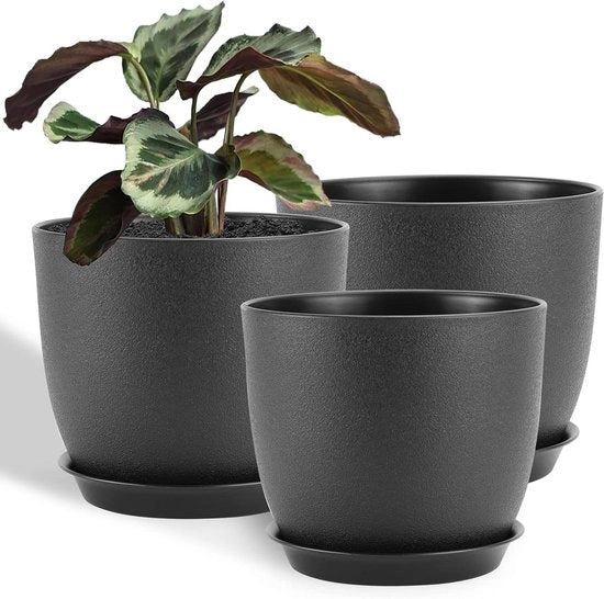 Pannelli per piante da interni 3-pack in plastica nera con fori di drenaggio e piatto per piante da appartamento 25/23/20cm.