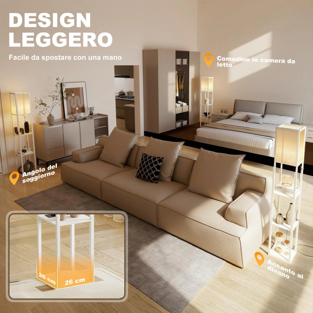 Lampada da Terra 26x26x160 cm Struttura con Ripiani Luce Regolabile Interruttore a Pedale e Porte USB in MDF Bianco