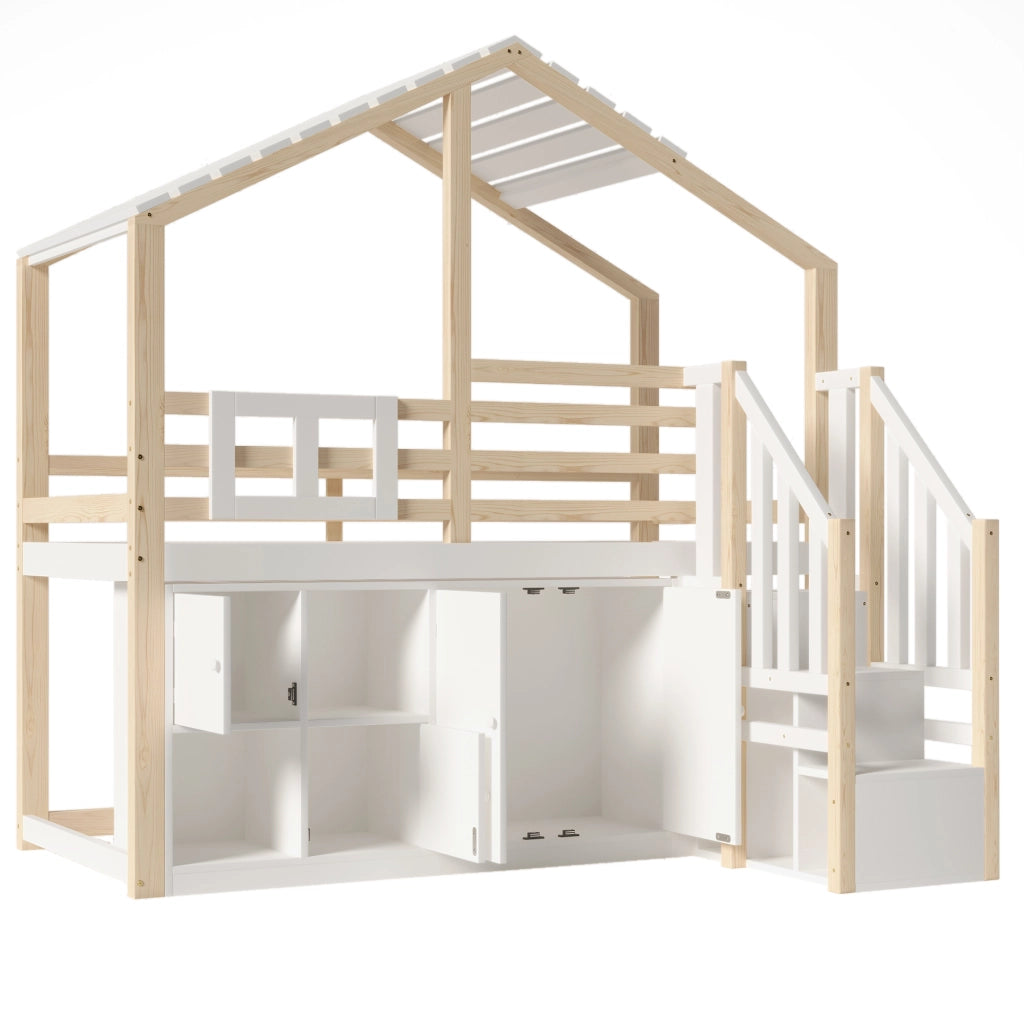 DESMIU Letto a soppalco Letto singolo 1 posto con barriera, contenitori, scala contenitore e finestra 90 × 200 cm, senza materasso