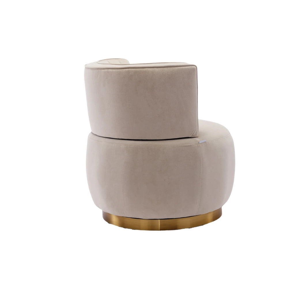 Sedia girevole 360° con schienale ergonomico; seduta imbottita; struttura in legno e metallo; velluto beige