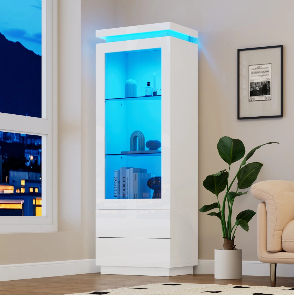 Vetrina alta 60x40x171 cm con 2 cassetti e luce LED; in truciolare bianco