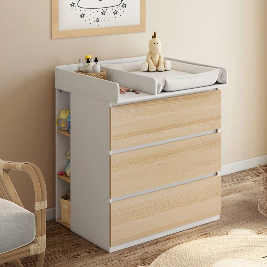 IDMarket - Cassettiera AMBRE, finitura faggio e bianco 3 cassetti, fasciatoio e 2 ripiani estraibili
