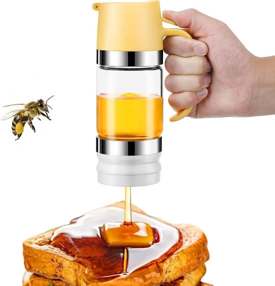 Dispensatore di miele in vetro - Dispensatore di miele in vetro senza gocce con manico - Dispensatore di miele in vetro senza gocce con supporto - Spremitore per siropi per caffè o tè - Ideale per miele e siropi - Giallo chiaro