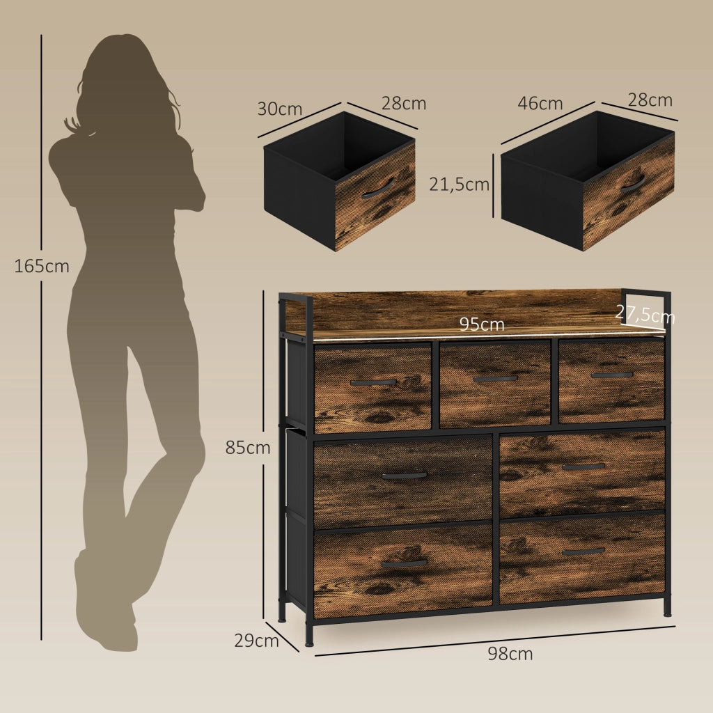 Cassettiera con 7 cassetti in tessuto, design industriale ¨C zephmum ¨C marrone/nero, 98x29x85cm