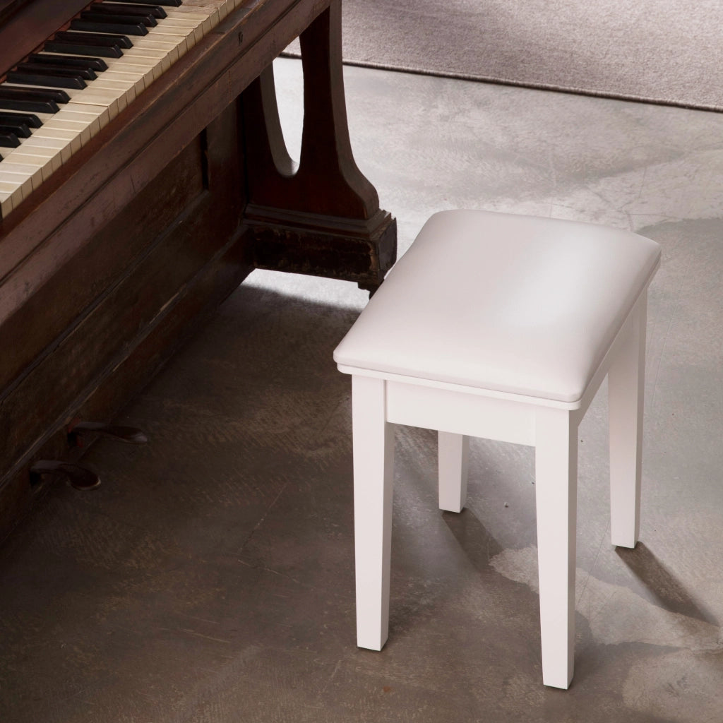 Sgabello da trucco imbottito con gambe in legno, in PU bianco