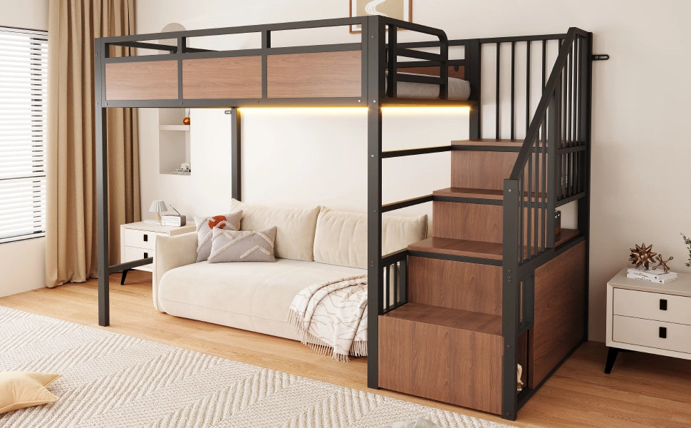 Letto a soppalco 90 × 200 cm con scala contenitore reversibile, led, senza materasso, in metallo e legno, nero