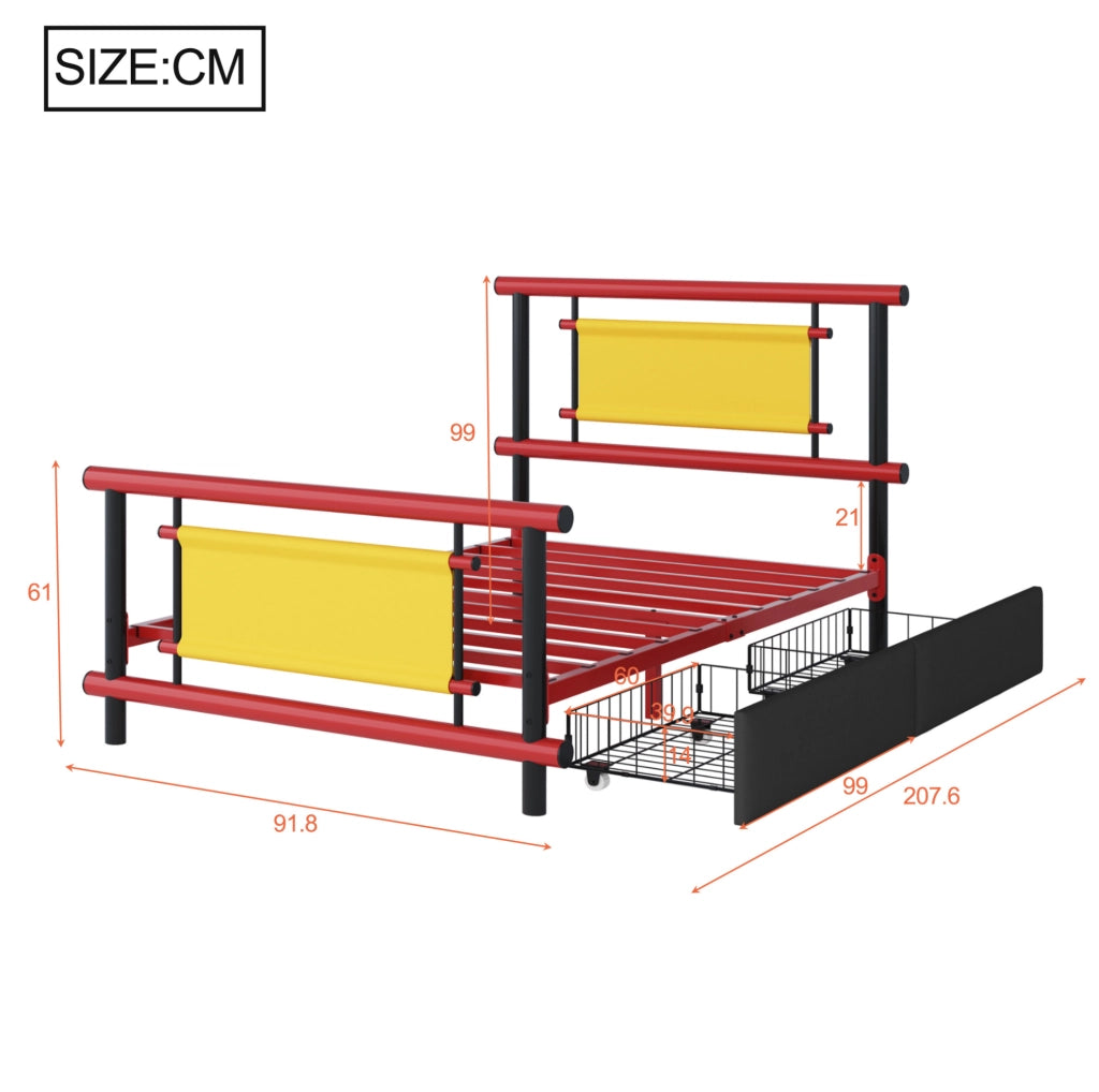 Letto singolo per bambini 90x200 cm in metallo rosso con cassetti integrati