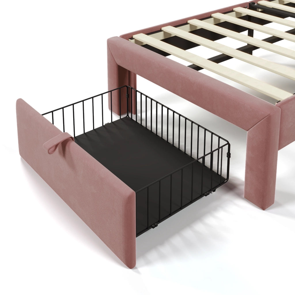Letto Singolo Imbottito con LED e Cassetti ¨C MINIMAL ¨C Velluto Rosa 90x190