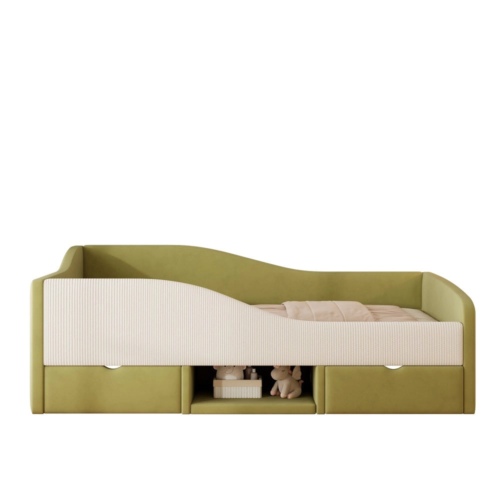 Letto Imbottito con Cassetti ¨C MINIMAL ¨C Velluto Verde Scuro e Bianco 90x190