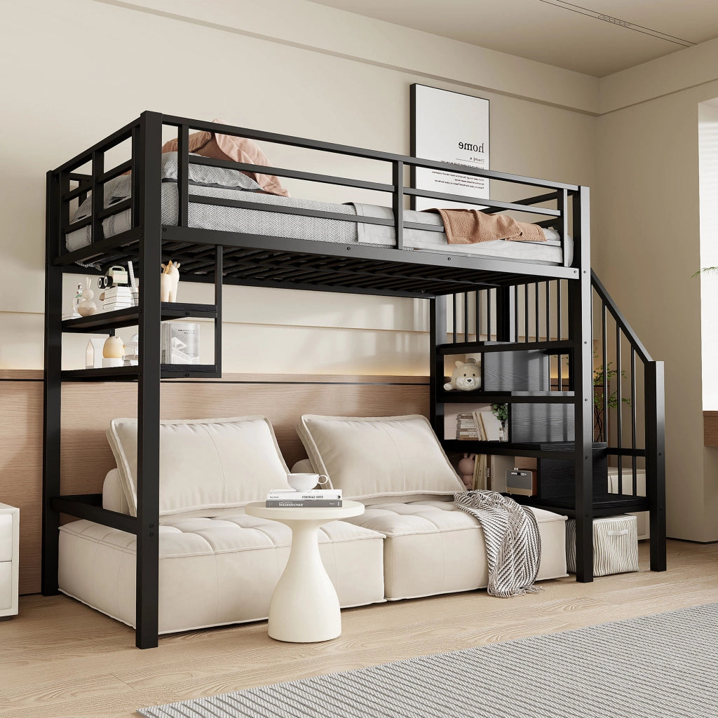LETTO A SOPPALCO 90x200 cm con ripiani e scala contenitore, nero