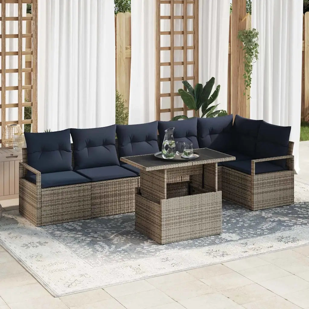 Set Divano da Giardino 7 pcs Grigio e Blu Navy polyrattan 3348841