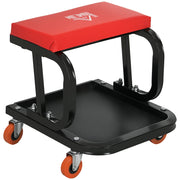 Sgabello da Officina Imbottito con Ruote e Vassoio Porta Attrezzi in Acciaio e PU, 38x35x37cm, Rosso