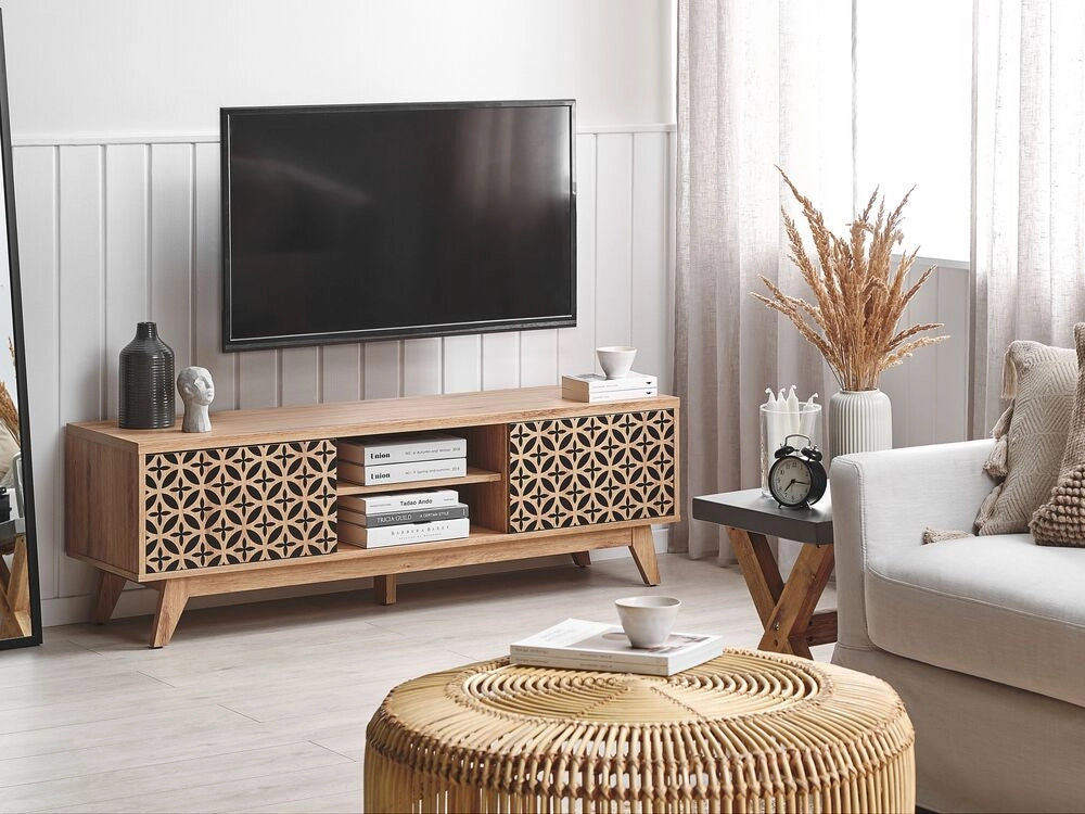 Mobile TV in Stile Retrò con Ante per TV Fino a 60ʺ in Legno Chiaro