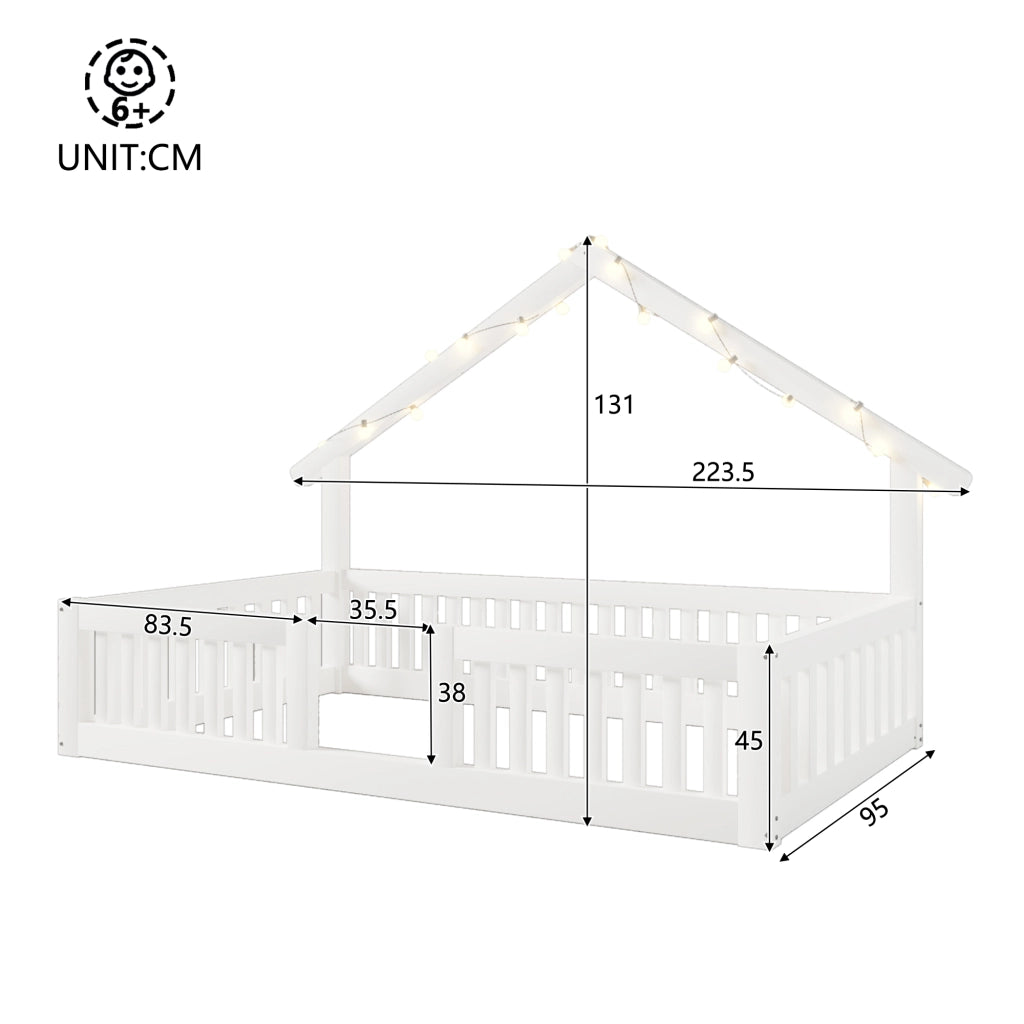 Letto a casetta 90x200 cm con parapetti di sicurezza; protezione perimetrale e ghirlanda LED; pino e MDF; bianco