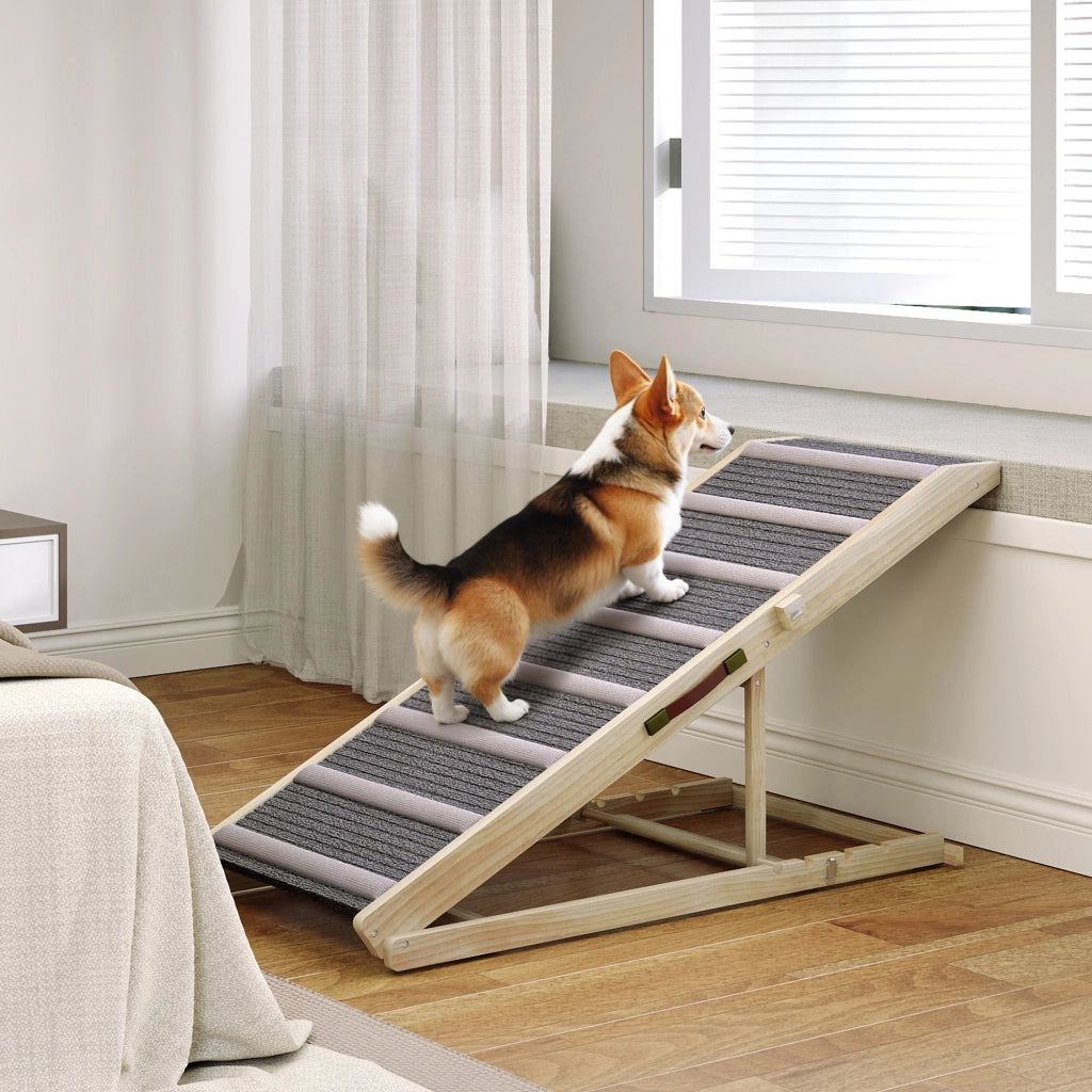 Rampa per Cani Pieghevole Regolabile in Altezza 41-60 cm con Tappetino Antiscivolo ¨C Minimal ¨C Legno