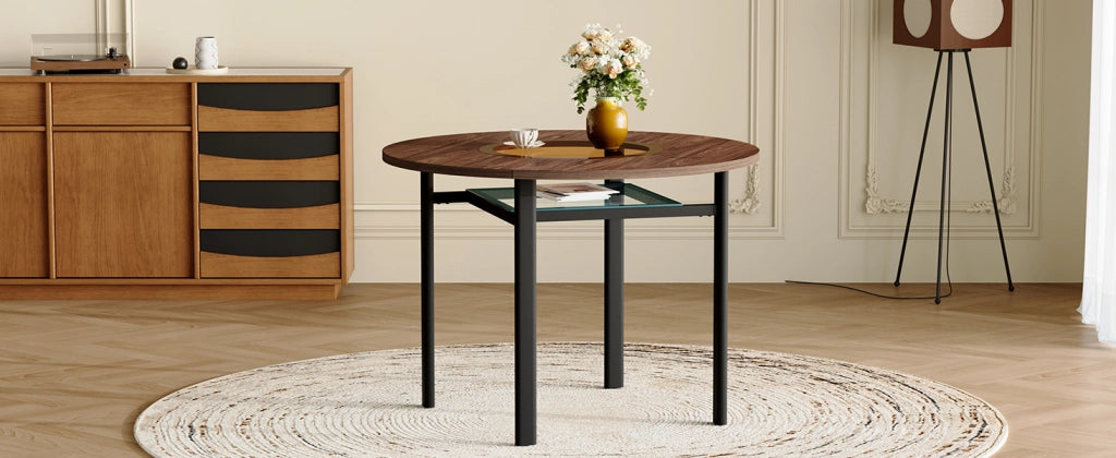 Tavolo rotondo dal design moderno e minimalista, con diametro di 100 cm e finitura effetto legno marrone, adatto per 2-4 persone (con piano in vetro g