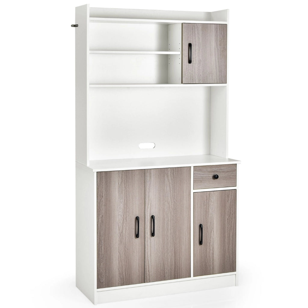Armadio da cucina alto 180cm con stazione di ricarica integrata, Buffet con vetrina piano per microonde cassetto Bianco