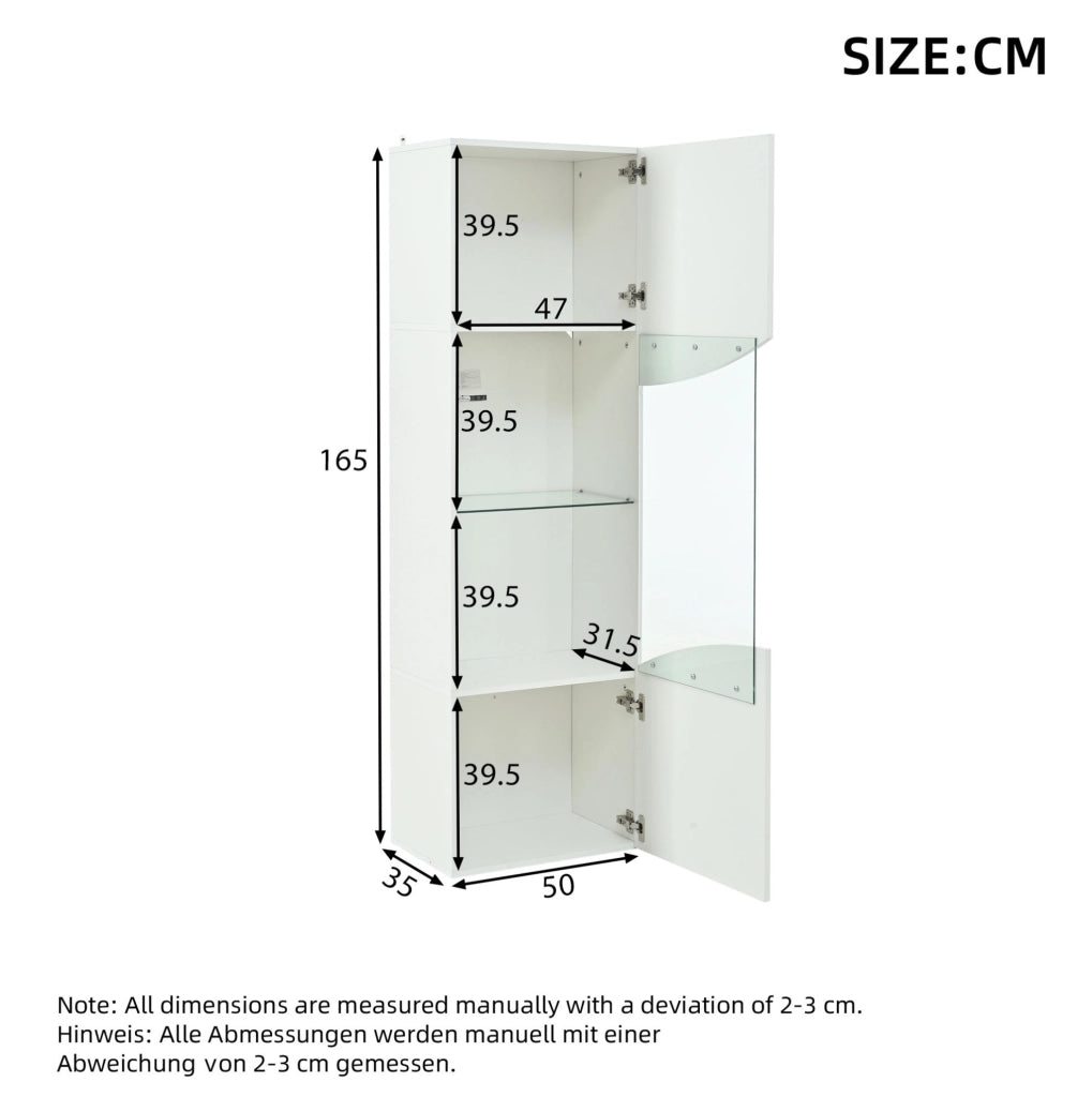 Vetrina 35x50x165 cm con illuminazione LED e 4 ripiani in legno e vetro bianco