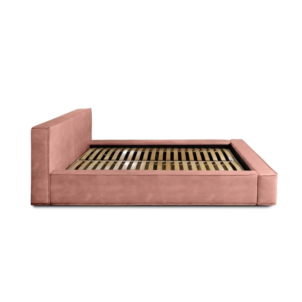Lettino con contenitore VELORA – Corallo – 140x200 cm – Tessuto velluto morbido – Rete sollevabile – Spazio di archiviazione integrato