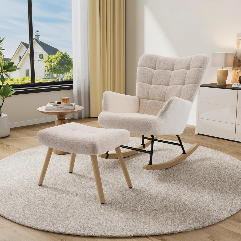 Poltrona a dondolo beige in lana di pecora 91x61x88 cm con poggiapiedi