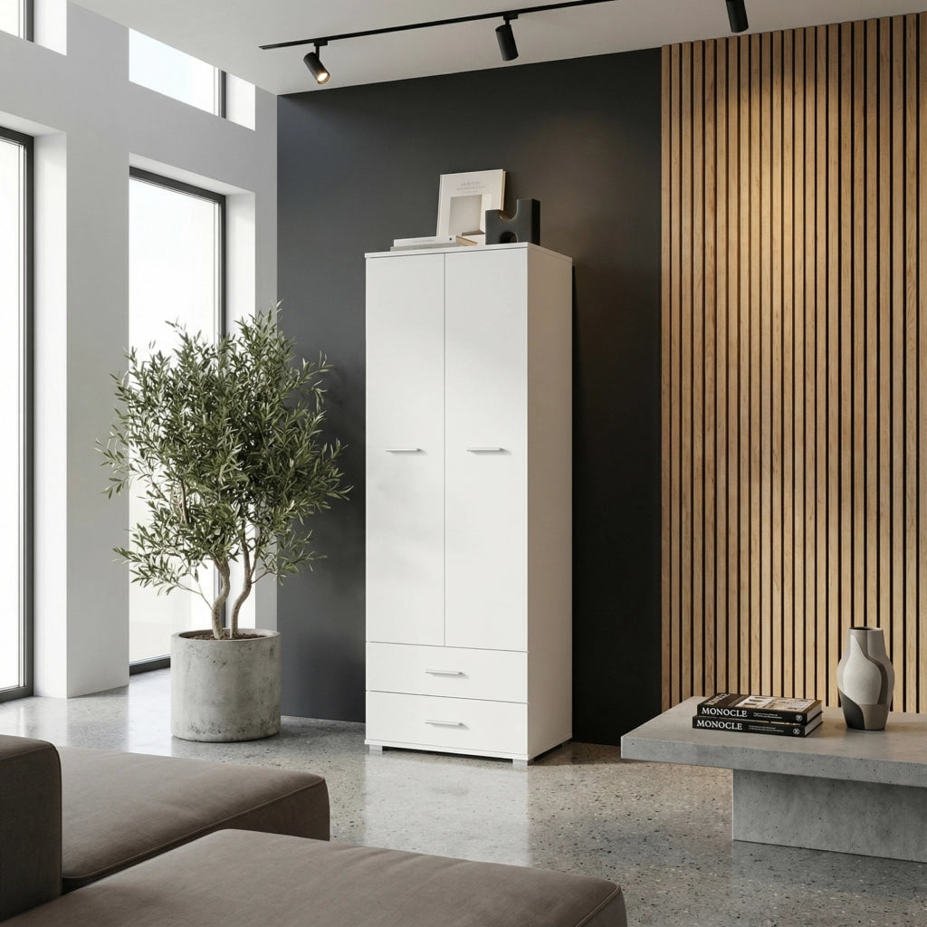 Armadio FAUSKE - 2 Cassetti - Bianco - Larghezza 69 cm, Altezza 180 cm, Profondit? 36 cm