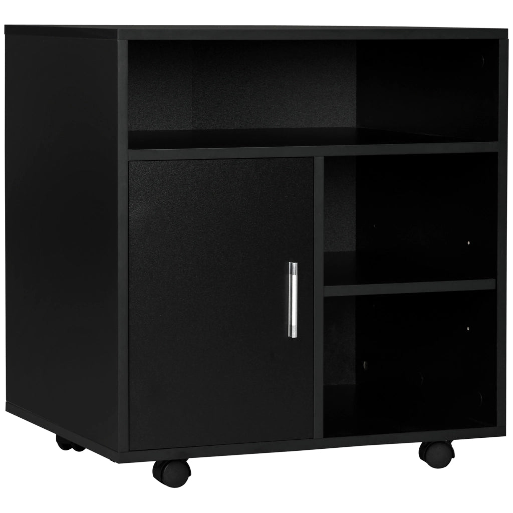 Mobile Porta Stampante a Rotelle con Armadietto e 3 Ripiani Aperti, in Legno, 60x50x65.5 cm, Nero